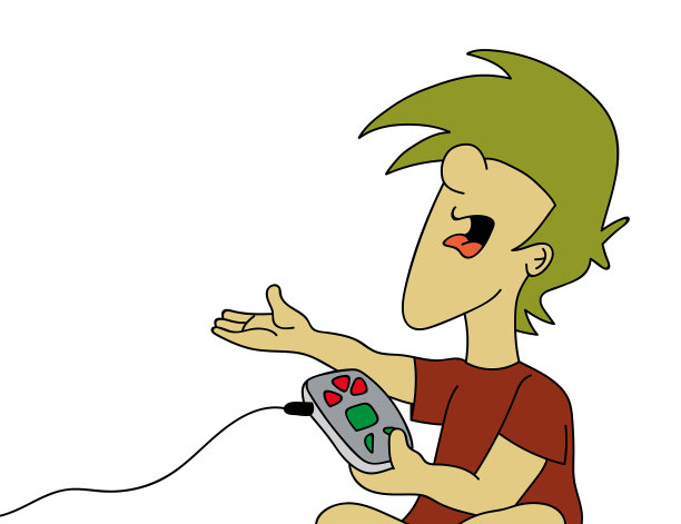 可爱的愤怒的男孩坐在一边抱怨一边玩电子游戏。孤立在白色背景上。卡通风格的插图。图片下载