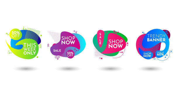 流动形状横幅。标志，传单，展示，矢量插图的设计模板。绿色、橙色、粉色、蓝色等几何抽象元素集合。动态的彩色形式和线条。平面设计图片下载