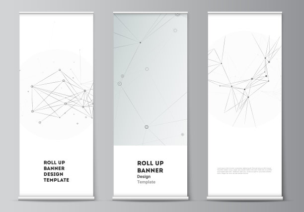 垂直的传单，旗帜设计模板，旗帜站，广告模型的卷模型模板矢量布局。灰色技术背景与连接线和点。网络的概念。图片下载