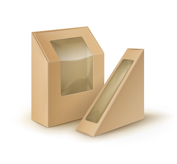 向量组棕色空白纸板矩形三角形带走盒子包装的三明治，食品，礼物，其他产品与塑料窗户模拟近距离隔离在白色背景图片下载