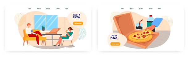 一对夫妇在大窗户前享受家里的披萨。一盒披萨和一杯苏打水。快餐概念插图。矢量网站设计模板图片下载