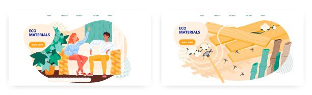 一对夫妇坐在沙发上，在现代设计的生态友好的室内。家居环保材料概念插画。向量模板。木板、锤子、竹竿。室内采用天然材料图片下载
