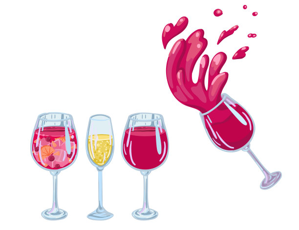 配香槟，葡萄酒和桑格利亚汽酒的酒杯。从玻璃杯里溅出来。酒精饮料。矢量图图片下载