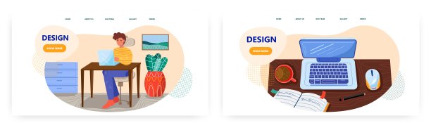 男人在家庭办公室用笔记本电脑工作。业务概念说明。矢量网站设计模板。打开笔记本电脑，咖啡和桌上的笔记。办公室内部图片下载