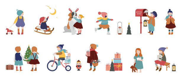 复古风格可爱的斯堪的纳维亚冬季孩子。儿童和婴儿穿着时尚的波西米亚服装。复古风格矢量插图。时尚的概念图片下载