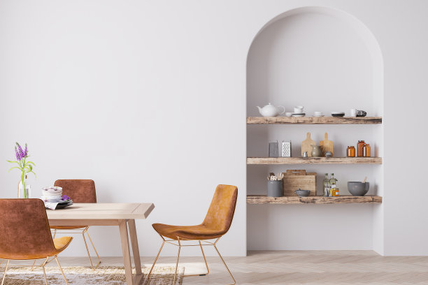 斯堪的纳维亚餐厅设计，橙色和木制家具图片下载