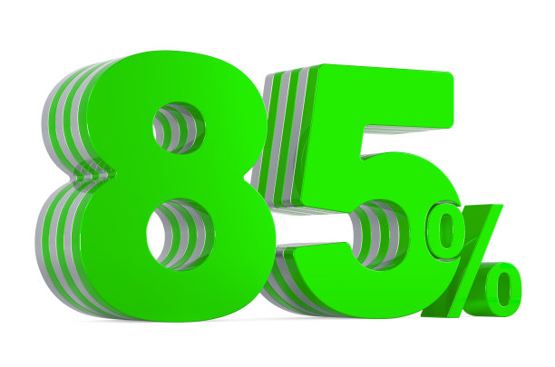 绿色85%，折扣概念。3D渲染孤立的白色背景图片下载