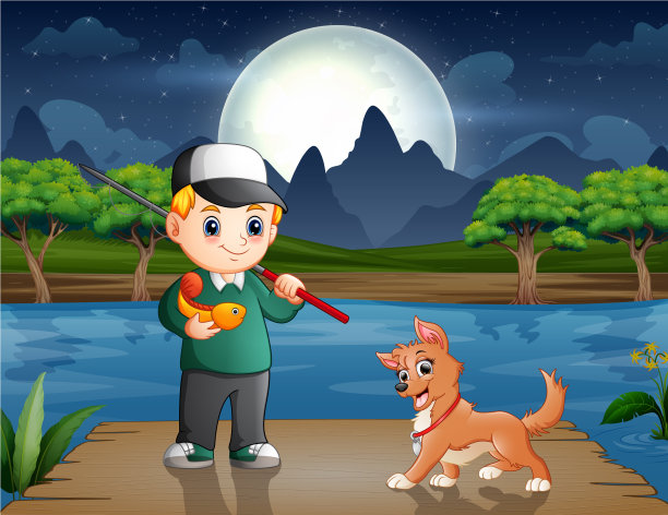快乐的男孩和一条狗钓鱼图片下载