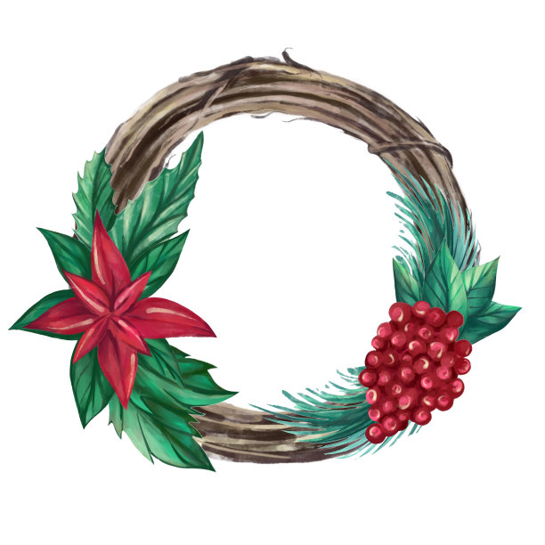 水彩圣诞花环，有浆果，树叶，一品红。手绘水彩插图图片下载