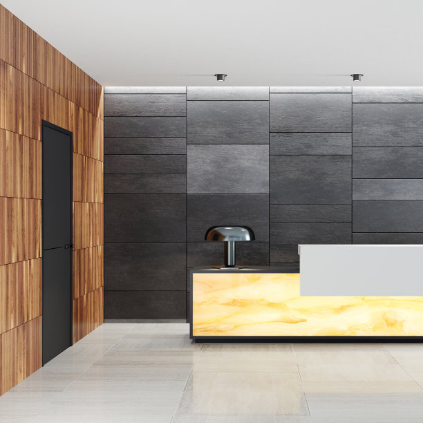 现代化办公楼大堂室内设计，配有大型接待台。接待台前板为发光缟玛瑙半透明石材。图片下载