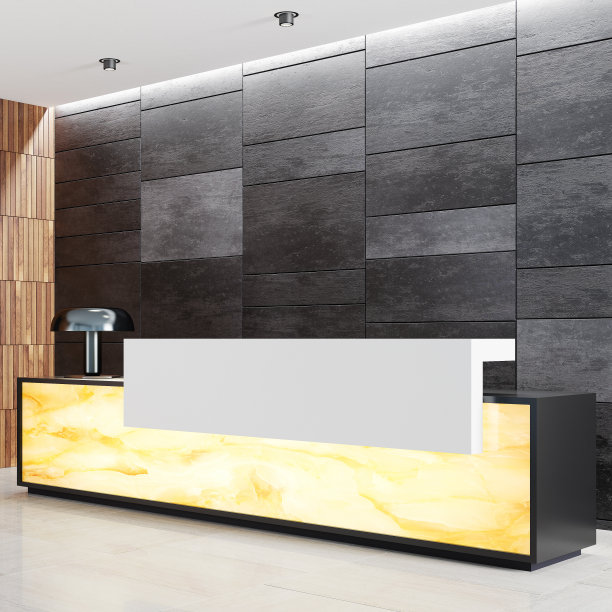 现代化办公楼大堂室内设计，配有大型接待台。接待台前板为发光缟玛瑙半透明石材。图片下载