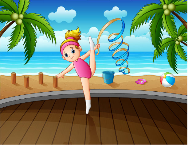 有艺术感的体操女孩用丝带在上面演奏图片下载