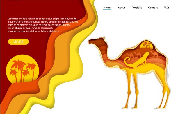 沙漠旅行矢量网站着陆页面模板。剪纸骆驼剪影与撒哈拉沙漠的自然，蜥蜴，商队。图片下载