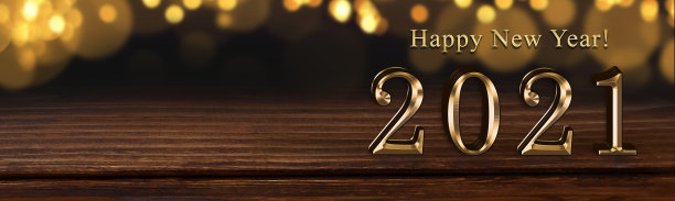 新年快乐!2021黄金光泽(3d渲染)在棕色木桌与闪闪发光的黄金散景墙。节日喜庆庆祝概念。横幅模拟的产品或设计内容的显示图片下载