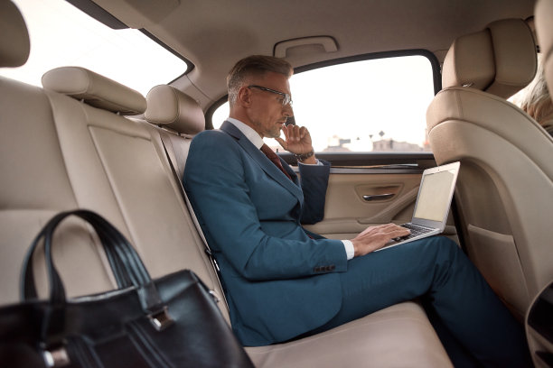 完美的生产力。侧面的英俊成熟的商人在他的笔记本电脑工作，而坐在汽车里图片下载