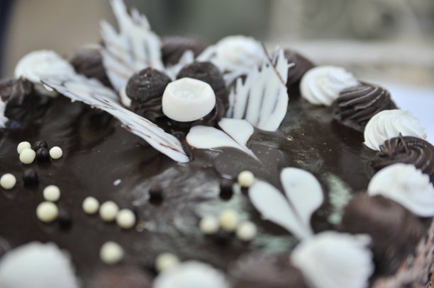 三重巧克力蛋糕，侧面磨砂，顶部有手工制作的巧克力磨砂装饰图片下载