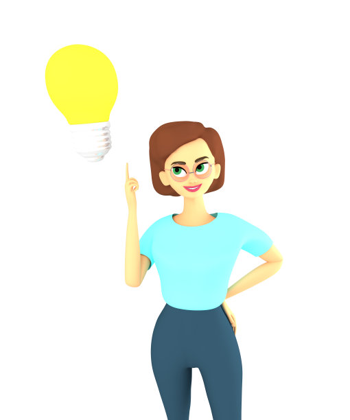 快乐的女人有个好主意。她做出了正确的决定。灯泡的光。建立正确解决方案的概念。卡通人物设计，3d渲染插图。图片下载