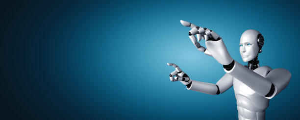 人工智能人形机器人在拷贝空间触摸手指图片下载