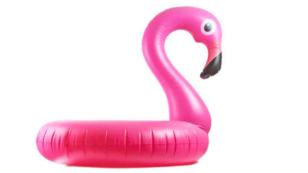 夏天的乐趣。粉红色的游泳池充气火烈鸟夏天海滩孤立在白色的背景。奢侈的生活方式。图片下载