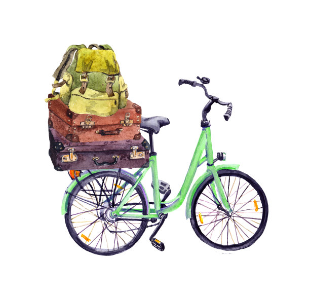 自行车与旅行背包和古董手提箱。水彩画旅行，旅行设计图片下载