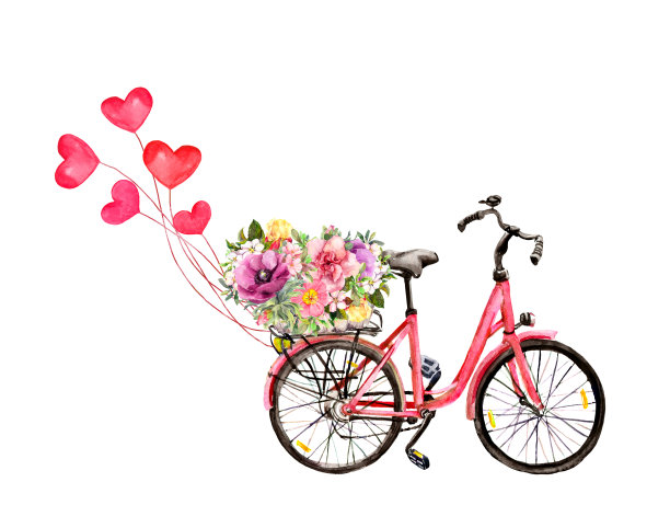 粉红色的自行车，红色的花篮和心形。水彩插图为情人节，保存日期，婚礼卡图片下载