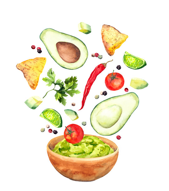 鳄梨酱在空中飞舞。牛油果，西红柿，红辣椒，酸橙，胡椒豌豆，玉米片，香料和鳄梨酱一起落在碗里。水彩的食物图片下载