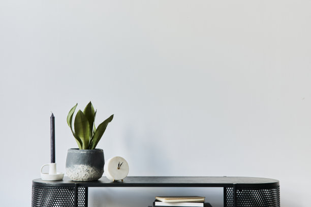 时尚的斯堪的纳维亚家庭室内设计木制盥洗柜，书籍，装饰品，拷贝空间和优雅的个人配件在现代家居装饰。模板。图片下载