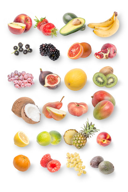 白色背景上的一大群水果和浆果。图片下载