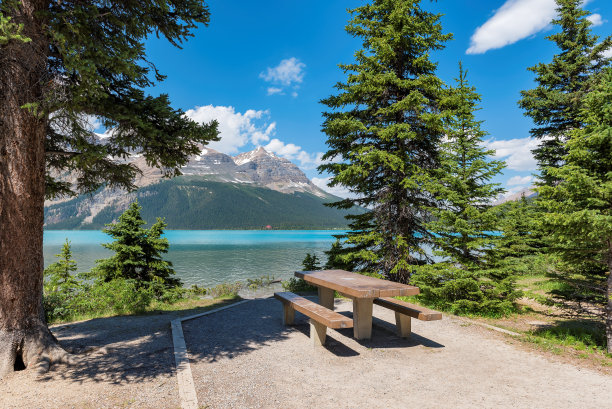 一个野餐区在落基山脉，弓湖，加拿大图片下载