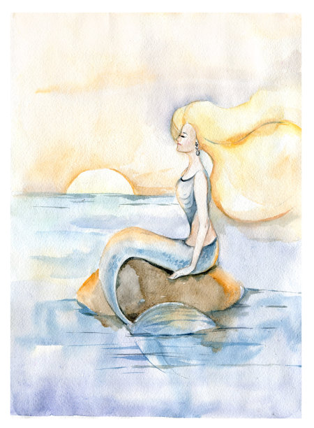 美人鱼坐在岩石上。海上的日落。橙色和蓝色。水彩。令人难以置信的故事。图片下载