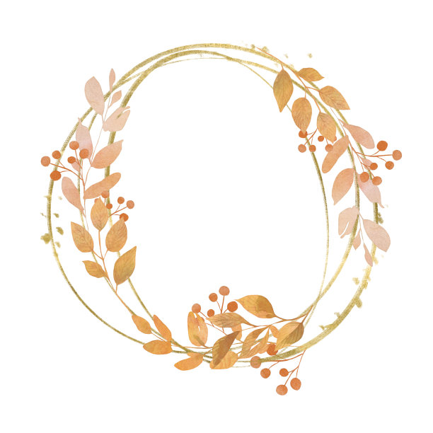 水彩秋天花环与树叶和黄金元素。图片下载