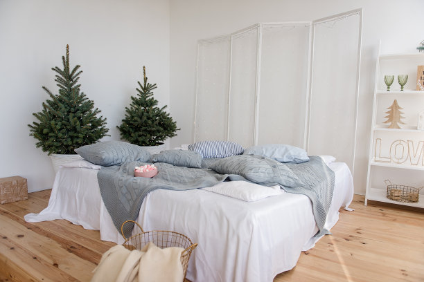 时尚的白色厨房装饰，斯堪的纳维亚时尚风格。一张环保的木桌，粉红色的陶瓷盘子，一根挂着吉兰达彩灯的圣诞树树枝。副本的空间。新年模板，贺卡网图片下载