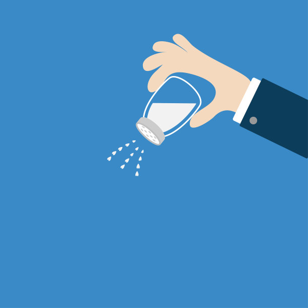 商人手里拿着盐纸摇瓶。玻璃容器。心水晶。平面设计。爱的名片。菜单。蓝色背景。孤立。图片下载