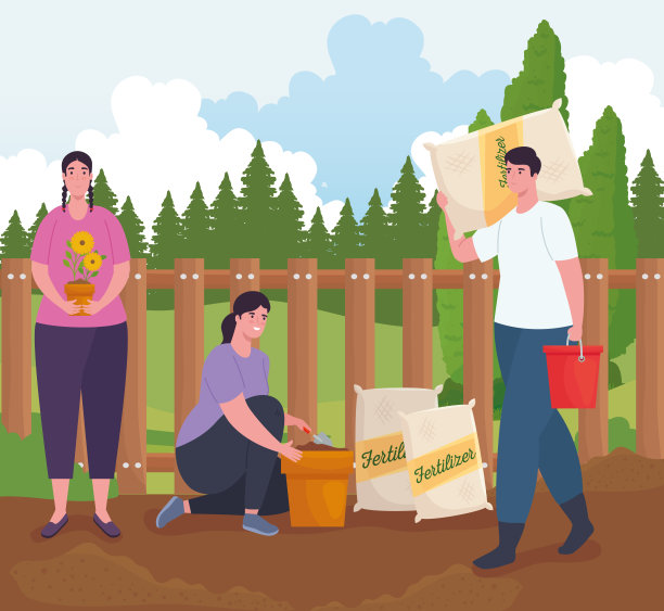 园艺的女人和男人用肥料袋和水桶矢量设计图片下载