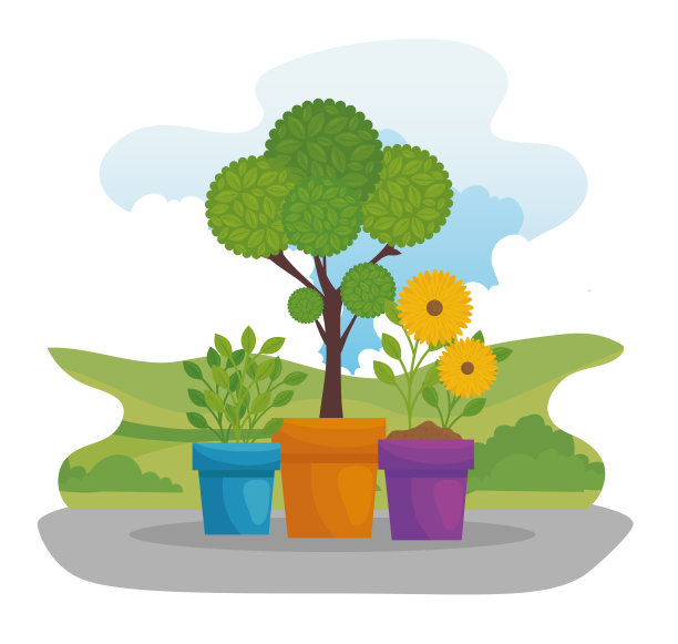 园艺植物和花与叶子在花盆矢量设计图片下载