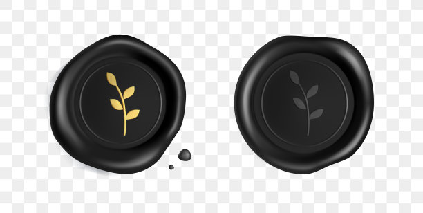 金枝蜡封。黑色邮票蜡印章与金色树枝剪影孤立在白色背景。黑色邮票做礼券，结婚请帖。逼真的3d矢量图标图片下载
