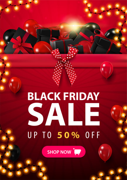 黑色星期五的垂直折扣横幅和一大堆礼物，红色的丝带和红色的蝴蝶结，花环框架和纽扣。网站横幅图片下载