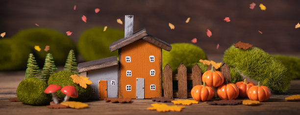 微型感恩小秋，村舍林间，旗帜飘扬图片下载