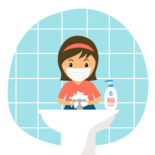 一个戴着医用口罩的女孩在水槽里洗手。在水龙头下用肥皂和水洗手。冠状病毒和细菌预防保健。图片下载