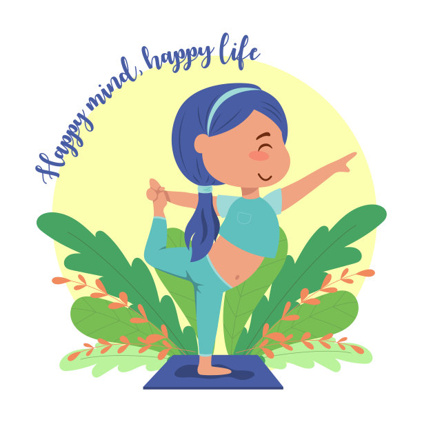 可爱的卡通女孩在做瑜伽练习。灵感铭刻-快乐心灵，快乐生活。矢量插图。图片下载