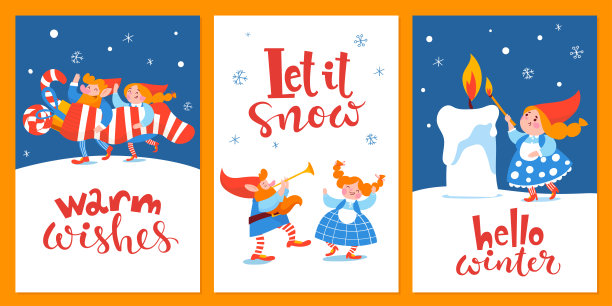 卡通圣诞hygge卡与有趣的小精灵和字母。图片下载