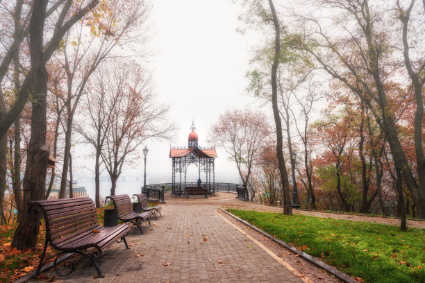美丽的秋天公园Volodymyrska Hirka或圣Volodymyr山在雾蒙蒙的晚秋日，基辅(基辅)，乌克兰。风景优美的风景图片下载
