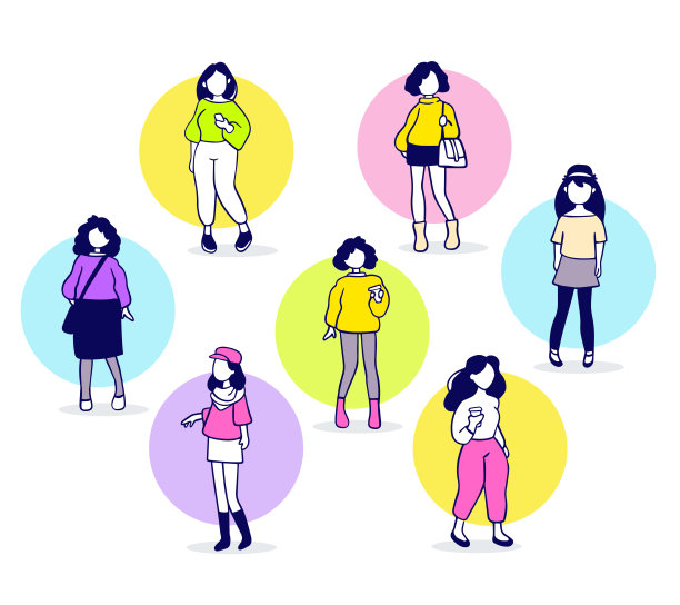 矢量插图的许多女孩与黑色的头发和不同的配件在颜色的背景图片下载