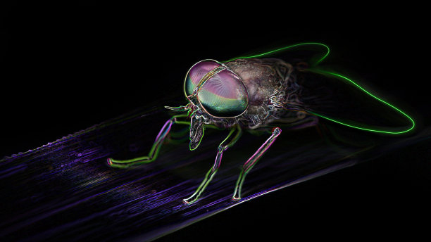 一个大的马蝇的特写，巨大的彩色多面眼睛，微距摄影在黑色的背景，数字霓虹灯效果图片下载