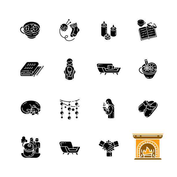舒适的丹麦趋势黑色字形图标设置在白色空间图片下载