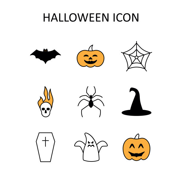 矢量轮廓图标上的主题万圣节派对-蝙蝠;南瓜;网络;蜘蛛;头骨;棺材;女巫帽子;幽灵。图片下载