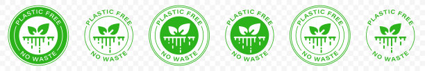 塑料是免费的。100%可生物降解和可堆肥图标。圆形的绿色和黑色的符号。。信息标签。矢量插图。图片下载