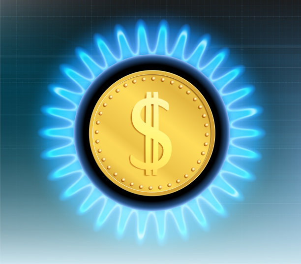 在一个蓝色火焰炉里的美元硬币。图片下载