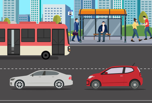 人们在公共汽车站与汽车街道的城市背景。有城市和人们步行的公共公园。市内有公共汽车和小汽车的人。矢量图图片下载