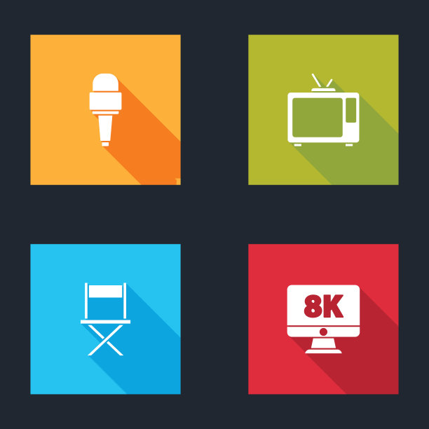 设置麦克风，复古电视，导演电影椅子和显示器8k图标。向量图片下载